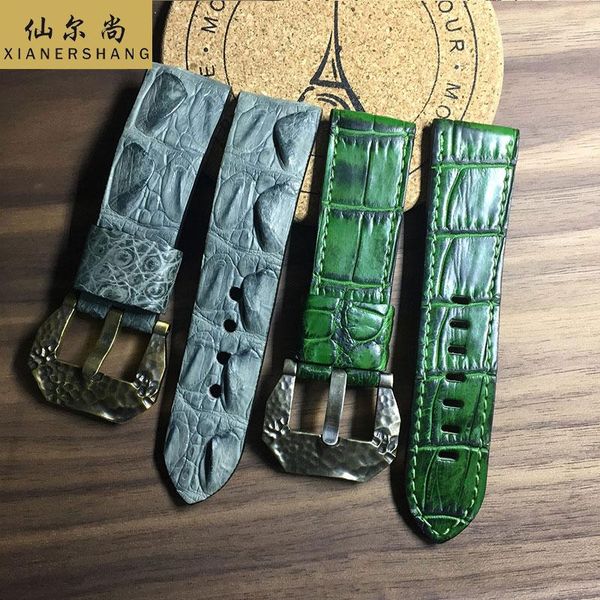 

watch bands crocodile back bone skin strap art pin buckle custom alligator watchbands handmade band 20mm 22mm genuine leather belt 24, Black;brown