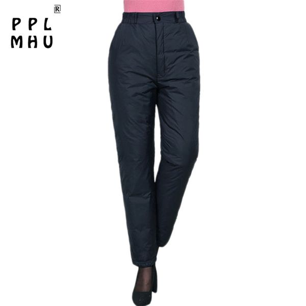 

casual thickened duck down pants women black elastic high waist pants winter warm fashion loose straight pants female 211112, Black;white