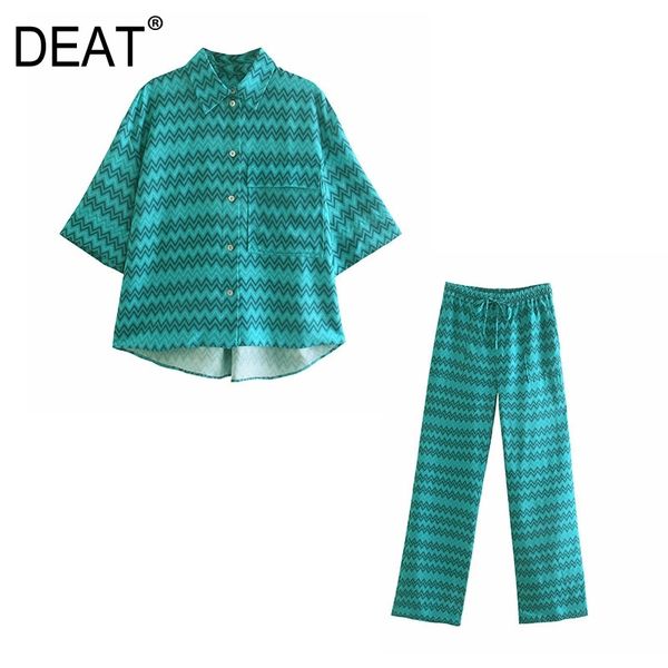

[deat] summer fashion half sleeve single-breasted printing shirt high waist wide leg pants women two-piece suit 13q372 210527, White
