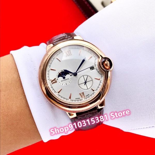 

wristwatches classic men automatic mechanical moon phase watches stainless steel sport calendar watch male rome number clock waterproof, Slivery;brown