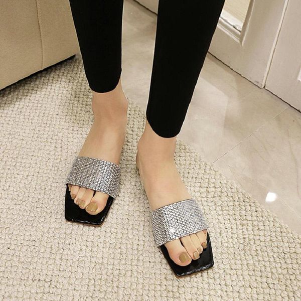 

slippers sianie tianie 2021 summer chic glitter bling rhinestone crystal flat for women open toe fashion female slides mules, Black