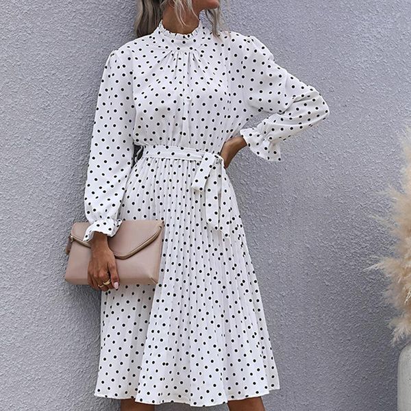 

casual dresses spring ruffle dot sashes knee length o-neck dress butterfly long sleeve a line print elegant office women vestidos, Black;gray