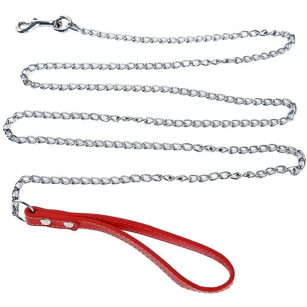 

dog collars & leashes durable anti-bite metal chain lead for small medium large leash handle leads pu leather iron pet accessories