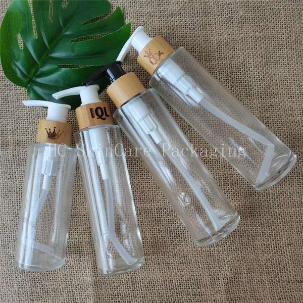 

storage bottles & jars high quanlity skin care packaging cosmetic glass bottle with bamboo wood pump lid 100ml 120ml 150ml lotion