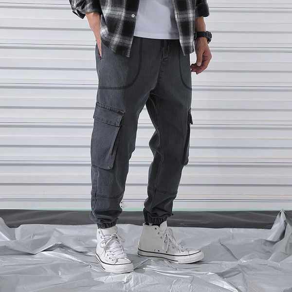 

men's jeans 2021 loose large size autumn denim pants thin multi pockets casual trousers harlan long kpop cargo men gray, Blue