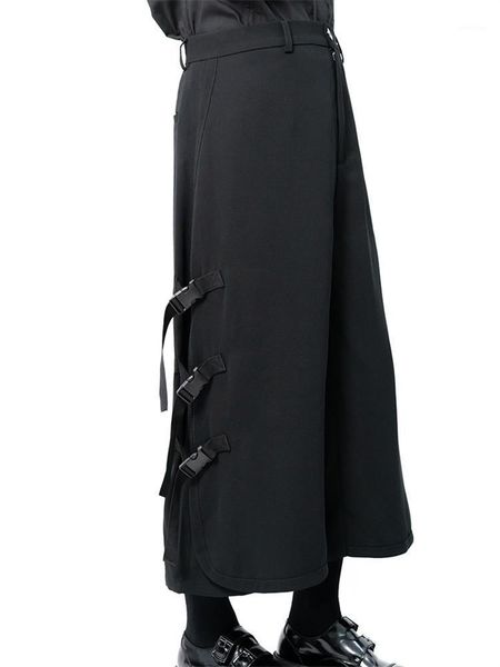 

men's pants casual wide-leg trousers with bag buckle design simple loose straight in large size, Black
