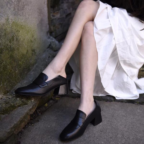 

dress shoes artmu original 2021 women's black work chunky semi-high heeled deep-mouth leather mom 9183-5