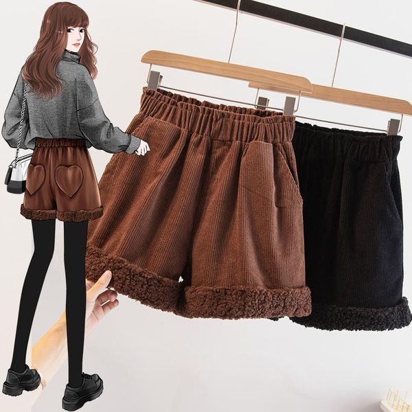 

women's shorts korean autumn winter casual retro plus size warm corduroy wide-leg lamb velvet high-waist elastic straight, White;black