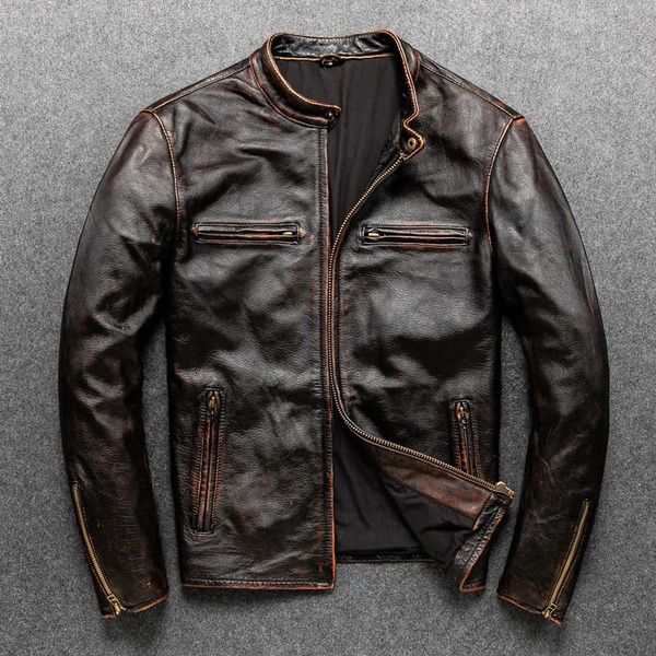 

men's leather & faux vintage classical motorcycle jackets men jacket 100% natural calf skin thick moto winter, Black