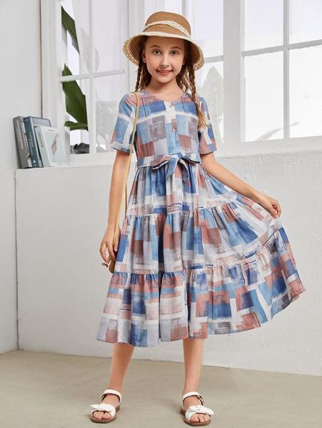 

girls geo graphic belted dress she, Red;yellow