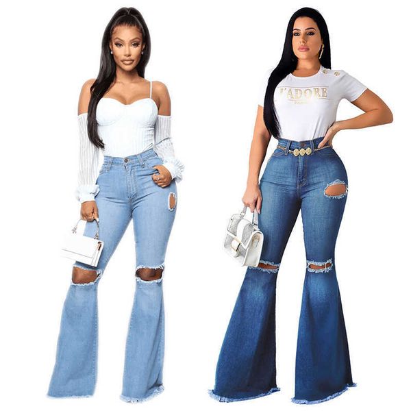 

women's jeans 2021 high waist with holes micro flared pants product 6613, Blue