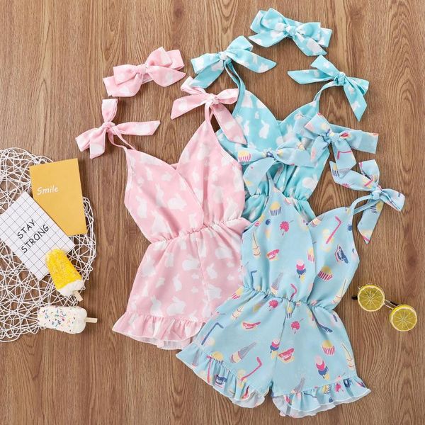 

clothing sets 6months-4years ropa verano toddler baby girls easter cake printed bowknot suspender romper jumpsuit comfortable m4, White