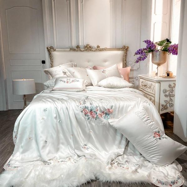 

bedding sets luxury 4/7pcs embroidery white duvet cover set 600tc tencel silk bed sheet pillowcases  king size