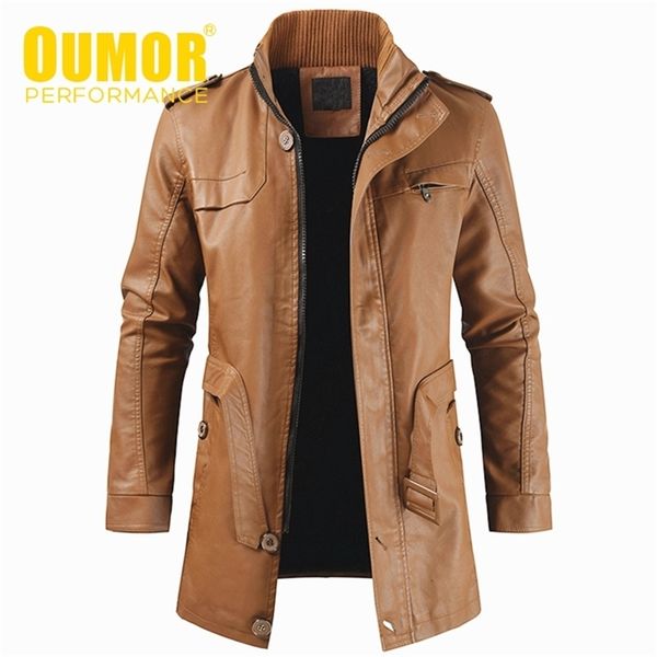 

oumor men autumn fashion long warm fleece leather jacket coat men winter casual england style vintage leather jacket parkas men 211118, Black