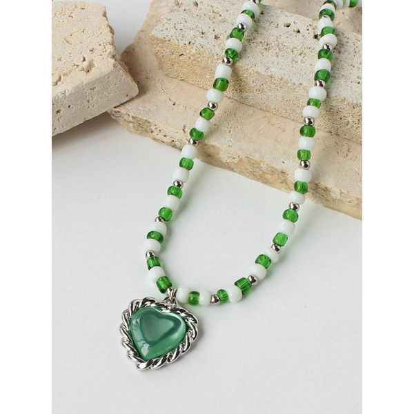 

pendant necklaces exquisite vintage green glass peach heart for women gift fashion elegant beads strand neck chains girl jewelry, Silver