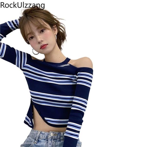 

women's t-shirt cut hollow shoulder side button split long sleeve striped knit women crop tshirt aesthetic clothing high street, White