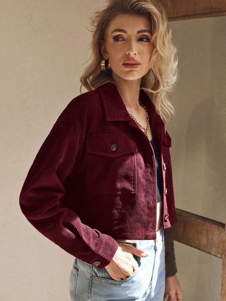 

flap pocket drop shoulder corduroy jacket g8u4#, Black;brown