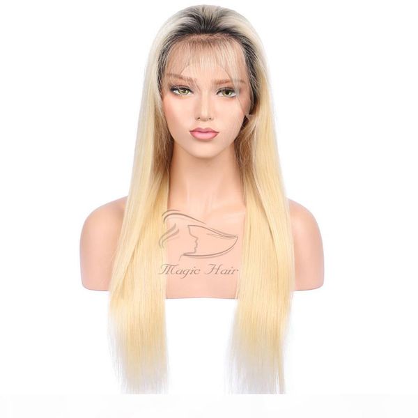 

full lace human hair wigs with baby hair pre plucked brazilian remy 1bt#613 ombre blonde lace front human hair wigs, Black;brown