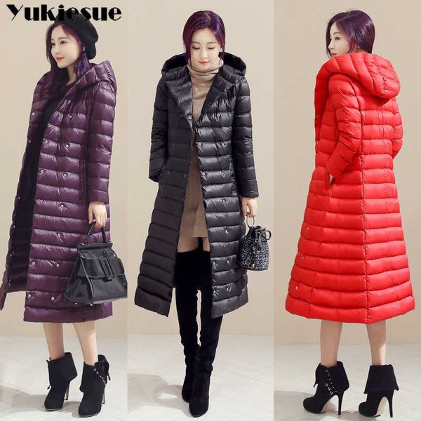 

spring plus size 3xl long womens down jackets ultra light 90% duck coat winter hoodie puffer jacket womens parkas 210608, Black