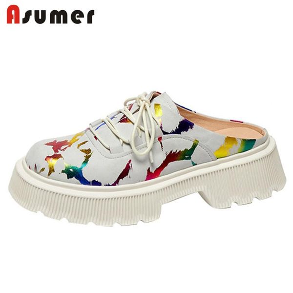 

asumer 2021 genuine leather shoes women slipper graffiti lace up comfortable low heel casual shoes women slipper, Black