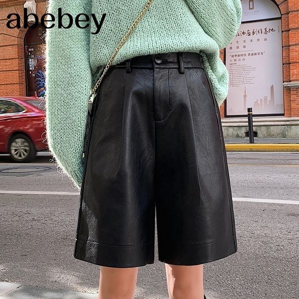 

s-4xl fashion pu leather shorts women's autumn winter bermuda elastic waist loose five points leather trouser plus size shorts 210317, White;black