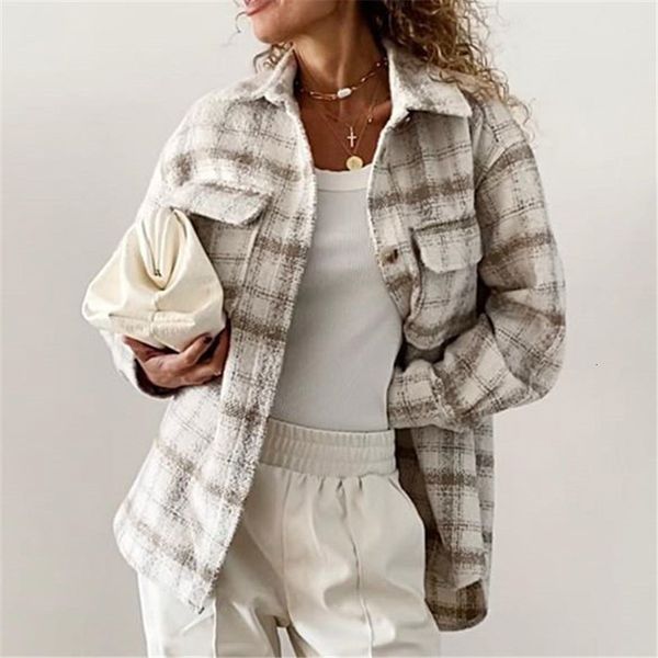 

2021 new women oversize tweed plaid jackets autumn fashion ladies soft coats elegant girls chic pocket outerwear eeja, Black;brown