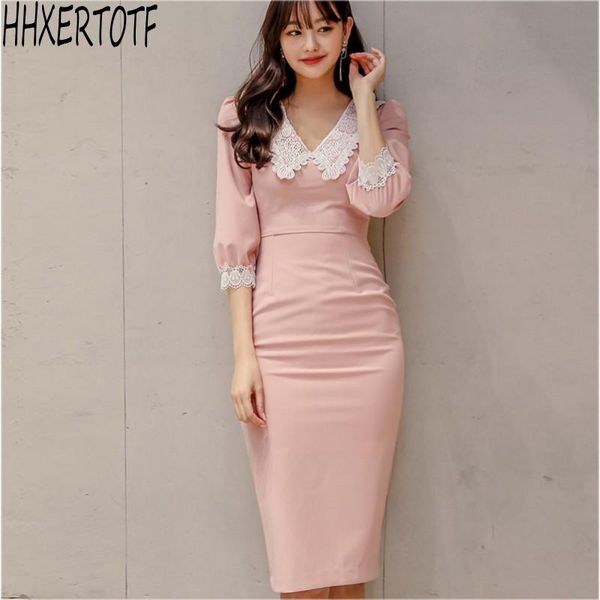 

casual dresses 2021 spring korean elegant women single-breasted split professional pencil bodycon dress slim vestidos, Black;gray