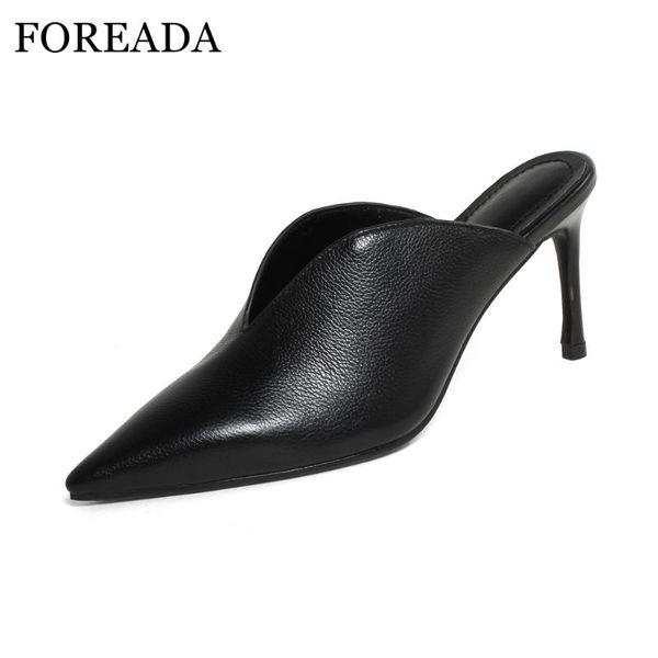 

foreada high heels genuine leather women shoes pumps 2021 spring shoes mules slip on pointed toe thin high heels black