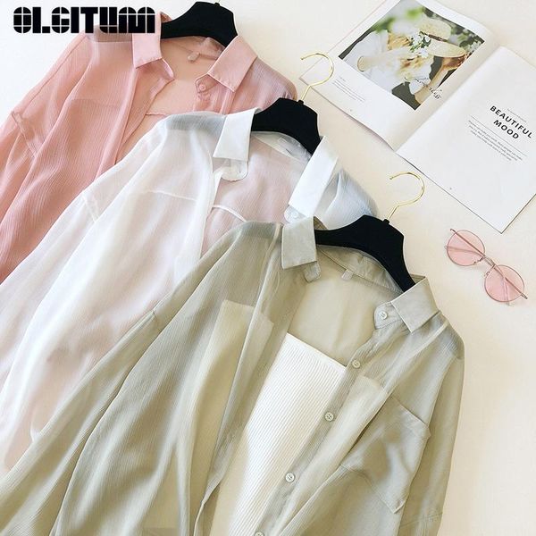 

2021 spring summer women korean loose shirt solid sunproof soft chiffon shirt slim candy color lady outwear, White