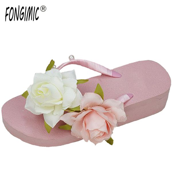 

summer sweet handmade artificial flowers pearl silk flip flops beach seaside home women holiday slippers flatform sho, Black