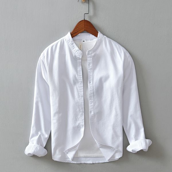 

2021 new autumn and spring long-sleeved oxford stand collar cotton brand comfortable shirts for men casual solid shirt mens anrx, White
