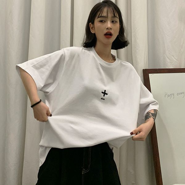 

2021 summer t-shirt simple female embroidery print loose gray black short girls new generation t-female lpr9, White