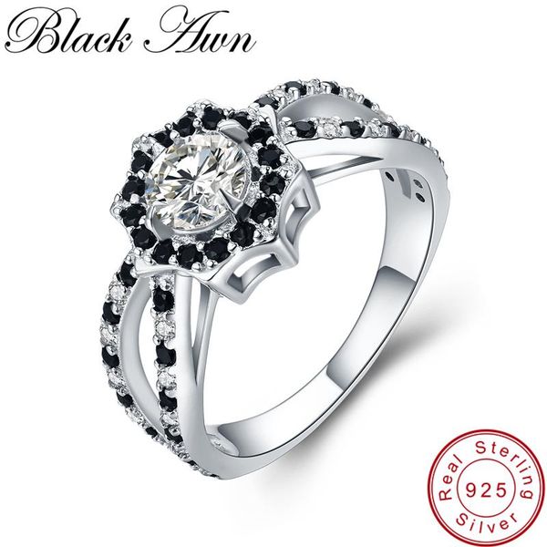 

cluster rings [black awn] fine wedding for women genuine 925 sterling silver jewelry trendy engagement ring bague c088, Golden;silver