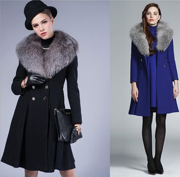 

european and american fashion and popular new products woolen women's coat contrast color fur collar and long woolen coat, Black