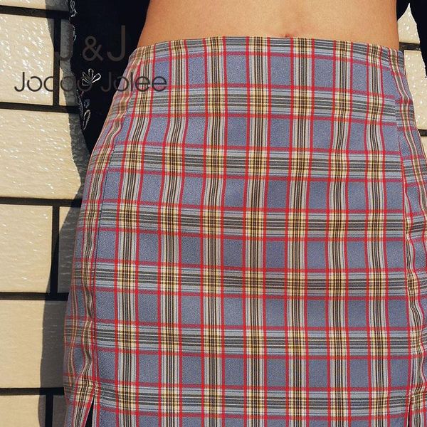 

women korean plaid mini skirt elegant harajuku all match short skirt high waist side split vintage skirt, Black