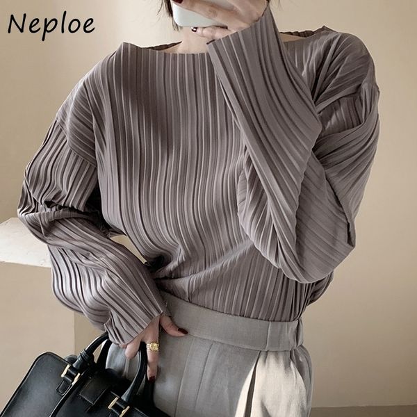 

neploe korean autumn simple o-neck pullover shirts solid color chic pleated women blouse all-match long sleeve femme blusas 210308, White