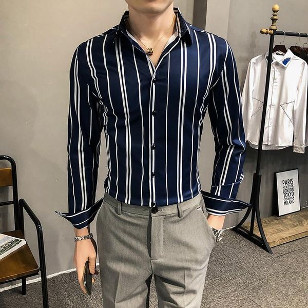 

men's casual shirts business striped for men clothing 2021 spring long sleeve office blouses homme slim fit black/blue, White;black