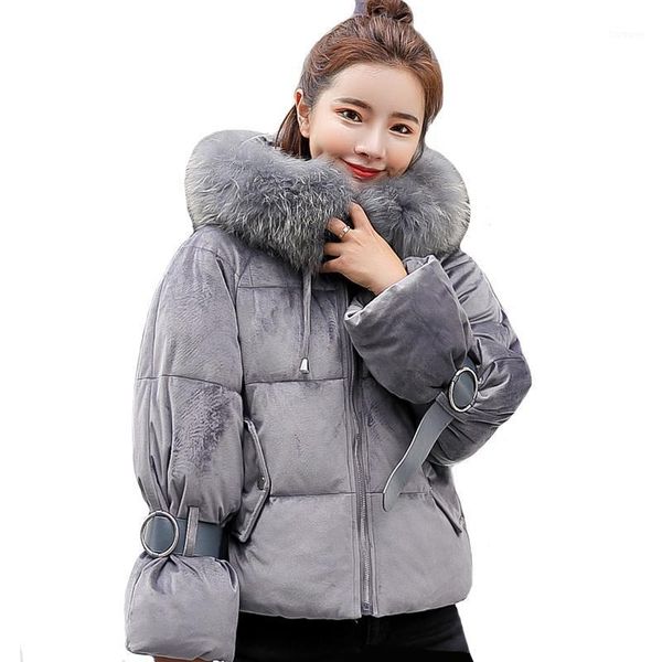 

women's down & parkas korean style jackets 2021 short hooded solid female winter with fur collar loose thick coat ladies, Black