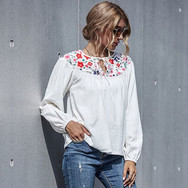 

2021 new autumn winter sweet floral o-neck cotton women office lady full sleeve t shirt 3zks, White