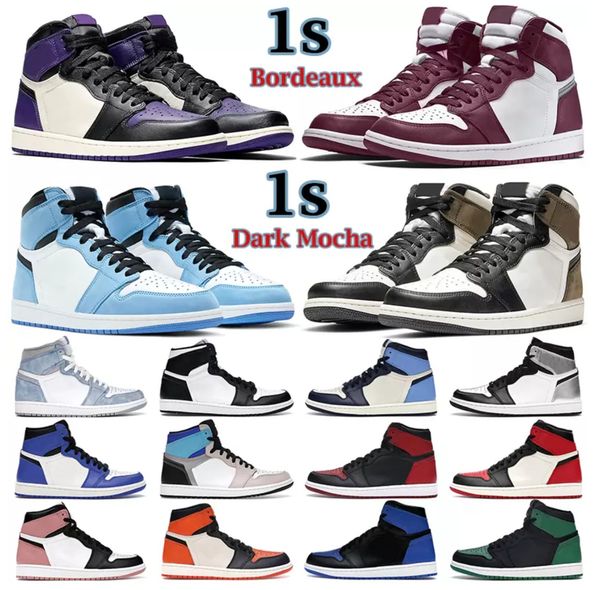 

men women jumpman basketball shoes 1s high og 1 bordeaux prototype electro orange chicago hyper royal university blue bred patent mens trasv, Black