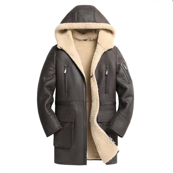 

men's leather & faux fur one jacket hooded large size genuine coat men winter long brown sheepskin jackets, Black