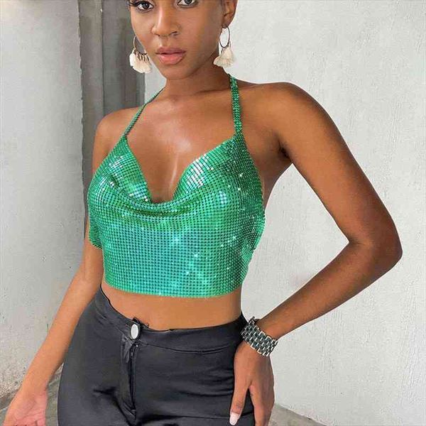 

green metal mesh women crop backless female womens tank summer clothes chain tied backless metallic halter, White