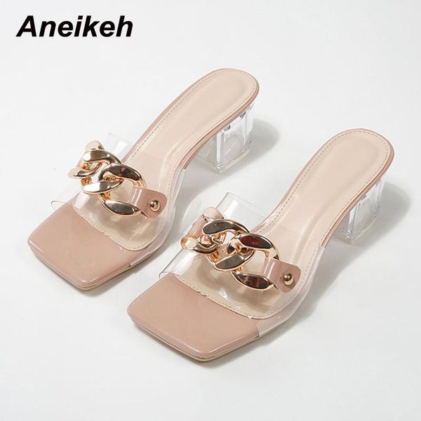 

aneikeh 2021 newwomen's shoes fashion pvcmetal decoratio sandals transparent slippers pumps outside open toed square heels, Black