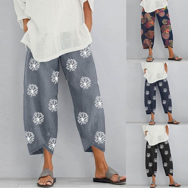 

women's pants & capris 2021 women vintage harem floral print elastic waist plus size loose trousers cotton linen wide leg pant summer, Black;white