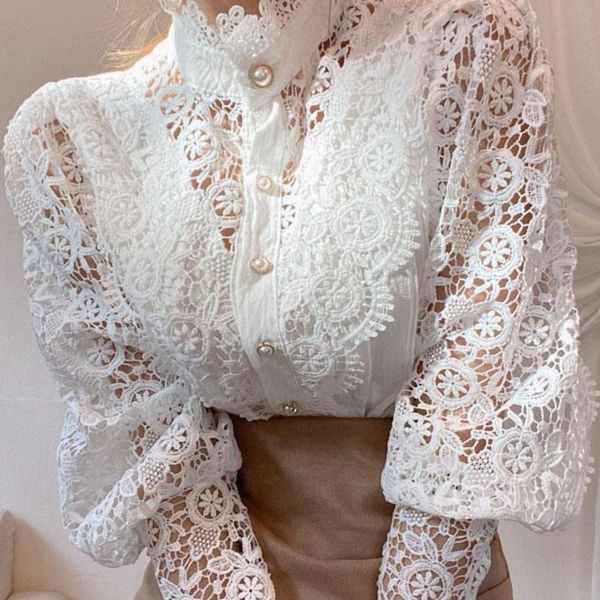 

plus size women fashion summer blouse petal sleeve stand collar lace floral hollow out casual shirts mujer blusas, White