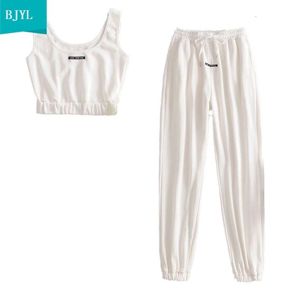 

2021 new summer women 2 piece set tracksuit tank sleeveless & pants trousers elastic waist ensemble jogging femme 6zt0, White