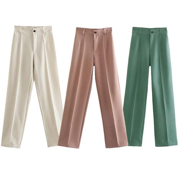 

women's pants & capris women pink high waist fashion office female trousers za 2021 chic classic straight button up black loose trouse, Black;white