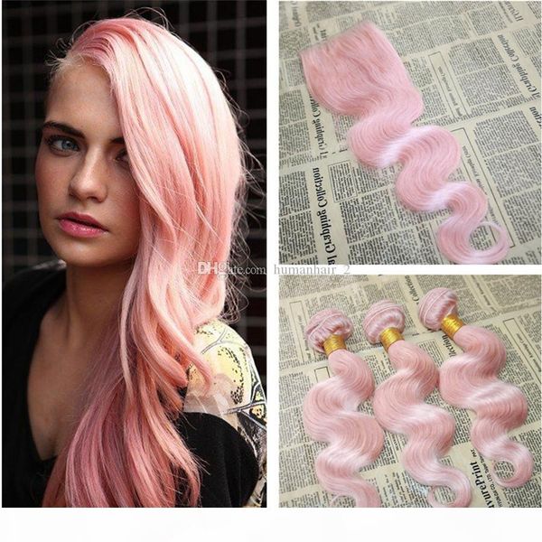 

indian virgin hair pink body wave bundles with lace closure rose pink hair weaves with lace closure bleached knots with baby hair, Black;brown
