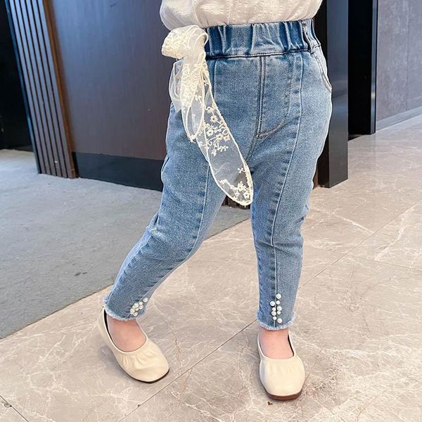 

jeans for girls lace girl pearls baby spring autumn clothes casual style, Blue
