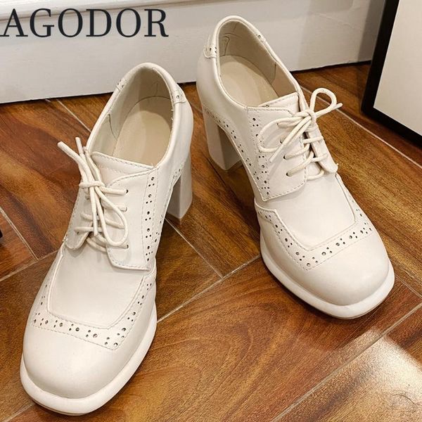 

dress shoes agodor lace up oxford pumps chunky high heel wingtip platform square toe casual women ladies, Black